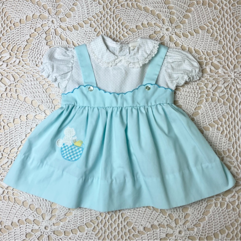 Vintage Light Blue Girls Pinafore Dress with White Blouse